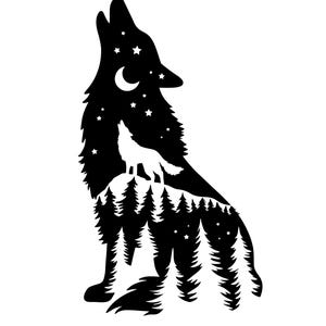 May include: A black and white graphic illustration featuring the silhouette of a large howling wolf. Inside the wolf's shape is a night scene with a crescent moon, stars, a smaller wolf standing on a hill, and a dense forest of pine trees.