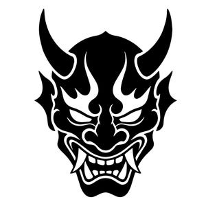 May include: A high-contrast black and white graphic illustration of a Japanese Hannya mask. The design features a stylised demon face with two prominent horns, sharp pointed ears, wide staring eyes, and a bared mouth with visible fangs.