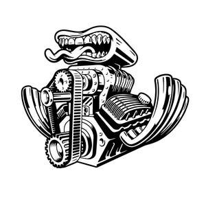 May include: A black and white graphic illustration of a stylized V8 engine with a supercharger on top. The supercharger features a wide, grinning mouth with sharp teeth and a long tongue hanging out. The engine includes visible gears, a timing belt, and curved exhaust headers on both sides.