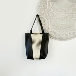 Shopping Bag in Black with Rattan