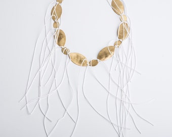 Statement Necklace - White and Gold Line Necklace - Cascading Necklace - Fringe Necklace - Metal Necklace - Leaf Necklace -Charm Necklace