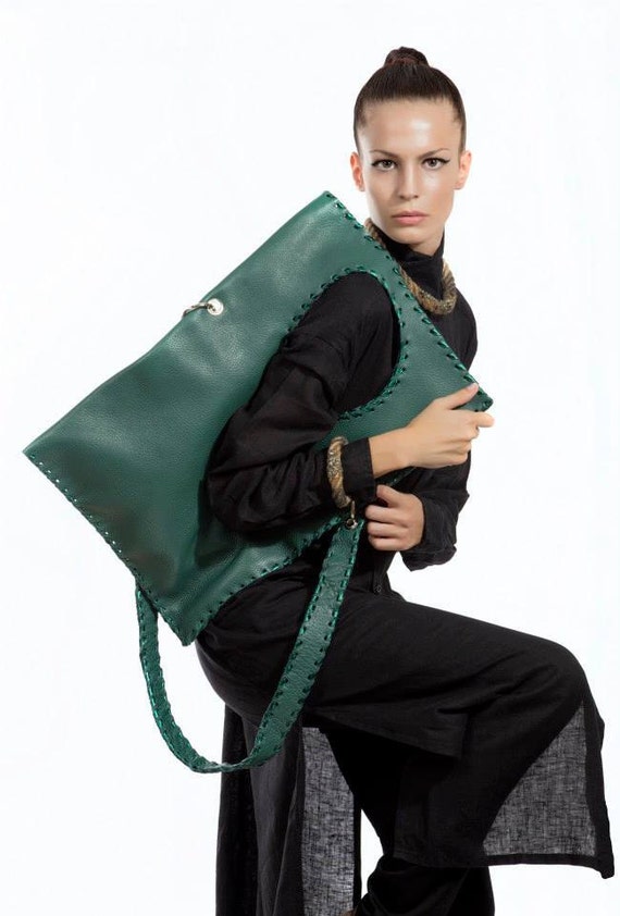 Green Leather Bag Handmade Geometric Messenger Bag | Etsy