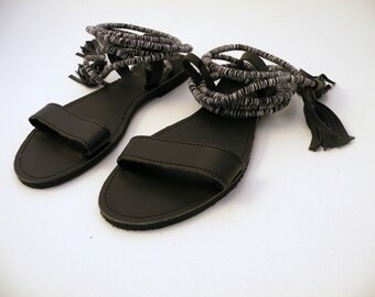 Leather Sandals - Black sandals - Greek Wrap Up sandals with letter tassels - Ancient Greek sandals with leather and ropes in black-white