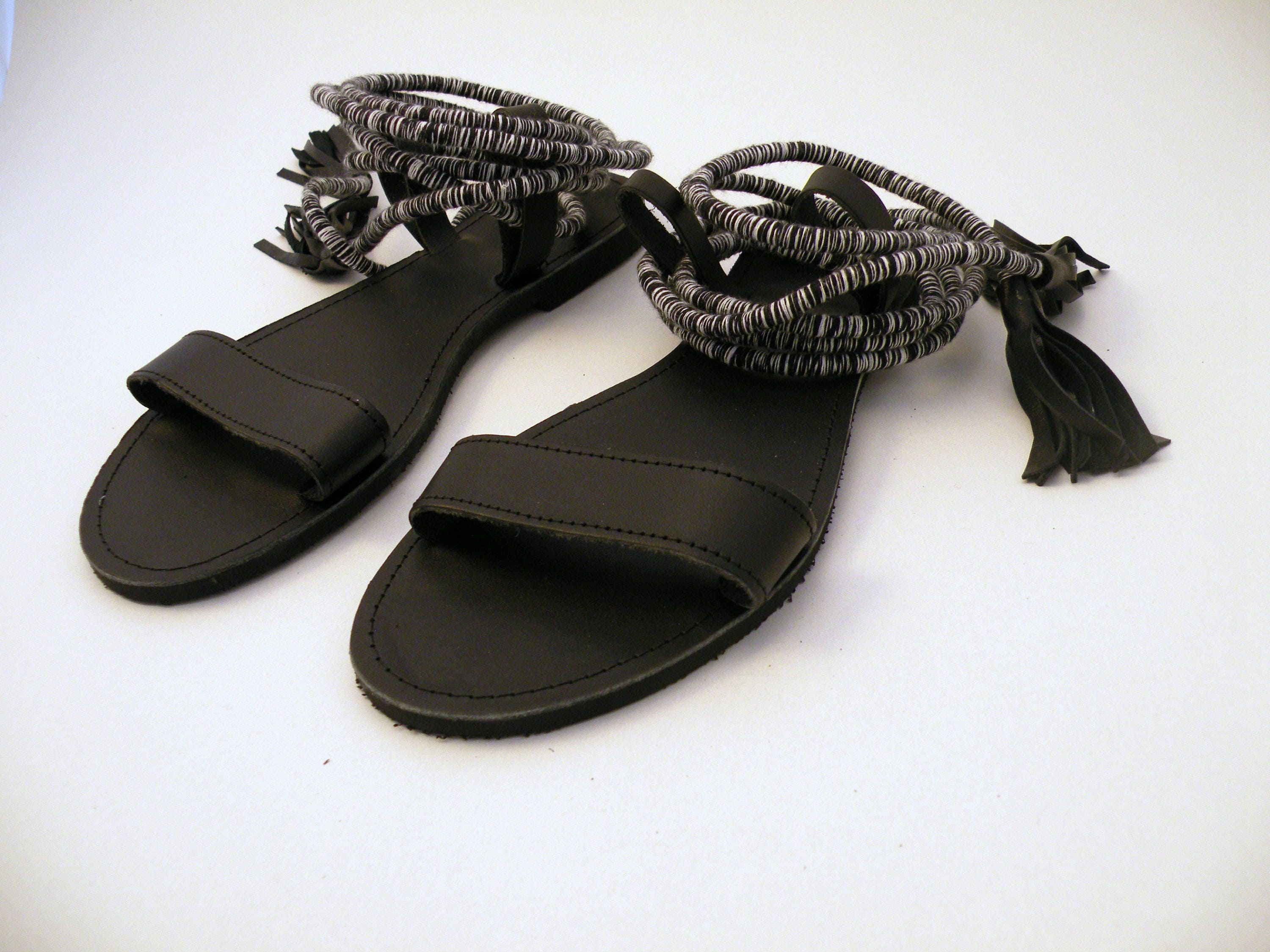 Leather Sandals Black Sandals Greek Wrap up Sandals With - Etsy