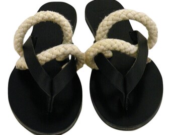 Flip Flop Leather Sandals - Unique Design - Women's Ancient Rope Shoes - Black and White sandals