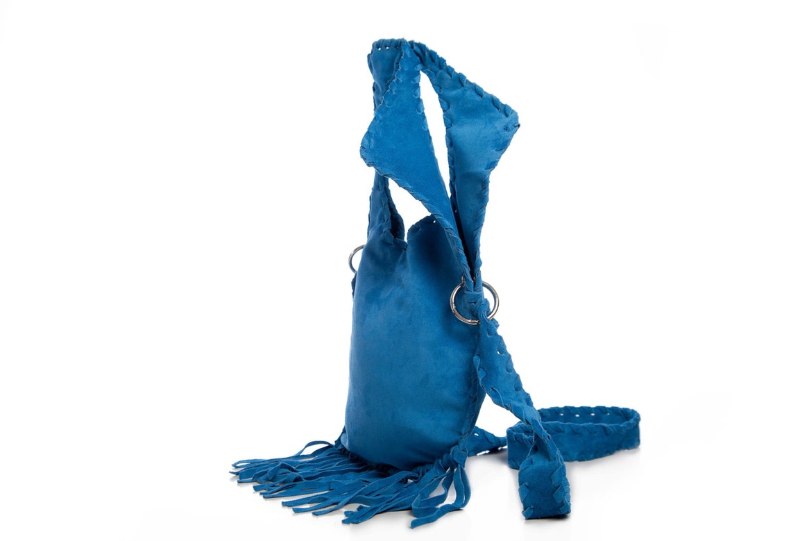 Blue Suede Handmade Messenger Bag Fringe Geometric Purse Etsy