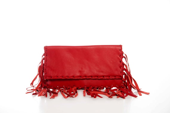 Red Fringe Leather Clutch Leather Purse Boho Style Bag | Etsy
