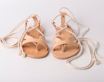 Gladiator sandals with ropes - Wrap up Leather Sandals - One of a Kind - Ancient Greek sandals with leather and ropes in white