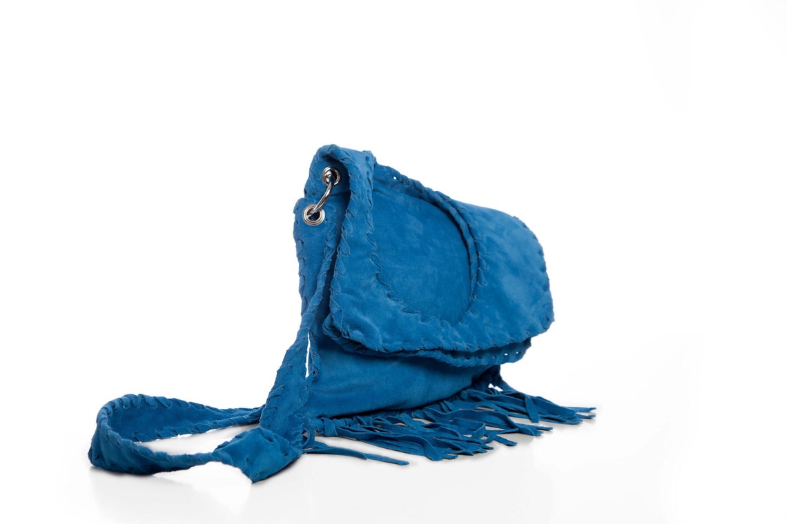 Blue Suede Handmade Messenger Bag Fringe Geometric Purse Etsy