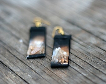 Black Leather Earrings - Long Leather Earrings with Quartz - Earring with semi precious stones