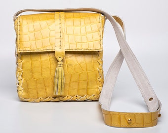 Square Bag In Yellow Color- Croc Effect Printed Leather Bag