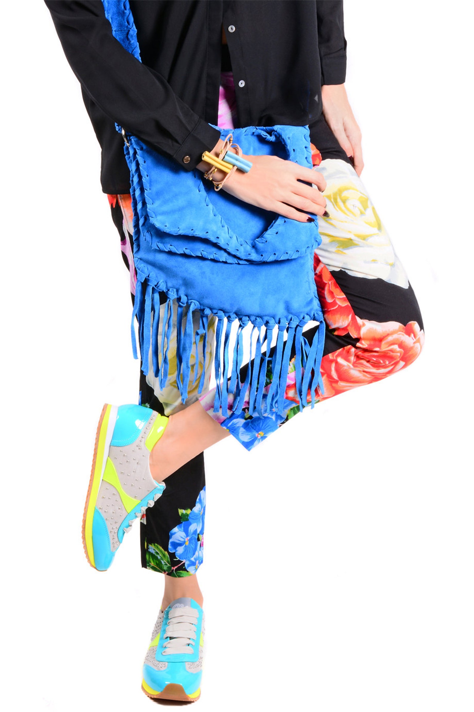 Blue Suede Handmade Messenger Bag Fringe Geometric Purse Etsy