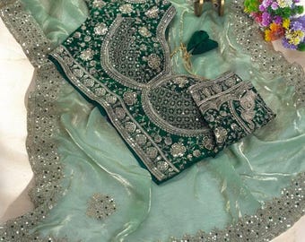Pure Cotton Silk Saree, Sequin Embroidery, Contrast Pallu, Tassel Detail, Designer Party Wear