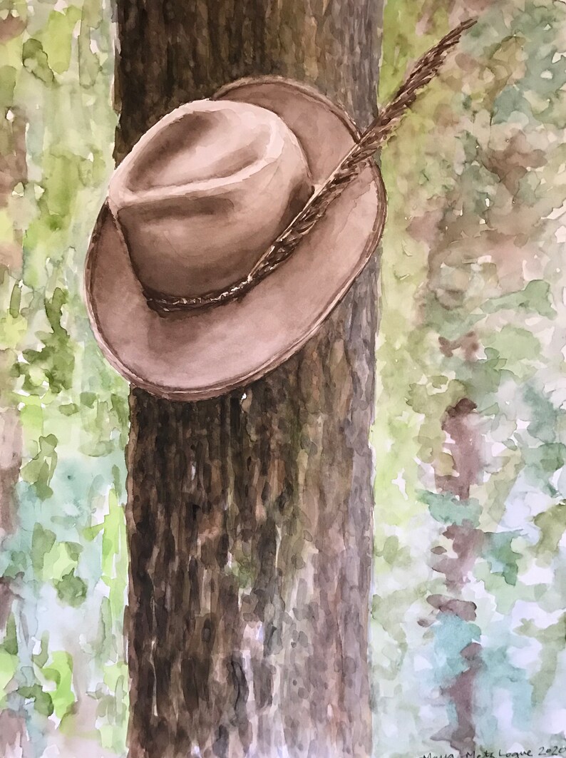 Felt Hat on Tree Original Watercolor Painting