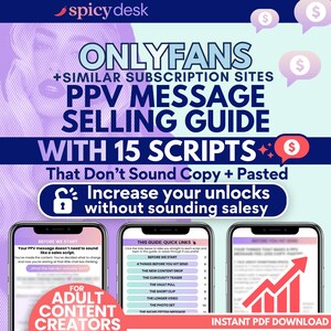 Pode incluir: Um guia digital intitulado OnlyFans + Similar Subscription Sites PPV Message Selling Guide with 15 Scripts. O gráfico apresenta um logótipo de pimenta vermelha, texto sobre o aumento de desbloqueios e três ecrãs de smartphone com conteúdo.