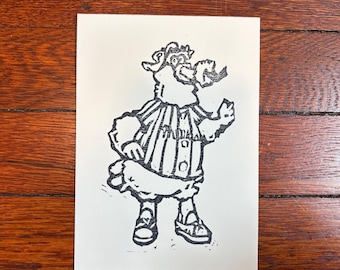 Grabado en linóleo hecho a mano de 5x7 pulgadas inspirado en Phillie Phanatic