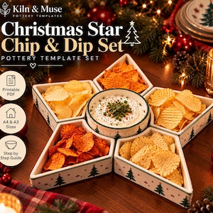 May include: A star-shaped ceramic chip and dip set featuring a central round bowl surrounded by five triangular compartments. The white pottery is decorated with green Christmas tree patterns and red dots. Text reads Kiln & Muse Christmas Star.