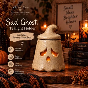 Szablon świecznika „Smutny duch” | Budynek z ceramicznej płyty na Halloween (PDF)