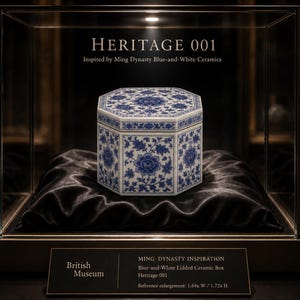 May include: An octagonal lidded ceramic box featuring blue floral patterns on a white background. The text reads HERITAGE 001, Inspired by Ming Dynasty Blue-and-White Ceramics, British Museum, MING DYNASTY INSPIRATION, Blue-and-White Lidded Ceramic Box.