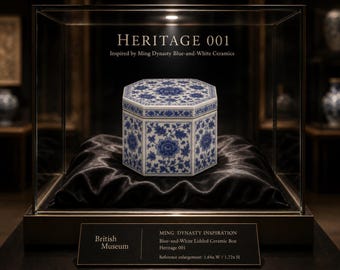 May include: An octagonal lidded ceramic box featuring blue floral patterns on a white background. The text reads HERITAGE 001, Inspired by Ming Dynasty Blue-and-White Ceramics, British Museum, MING DYNASTY INSPIRATION, Blue-and-White Lidded Ceramic Box.