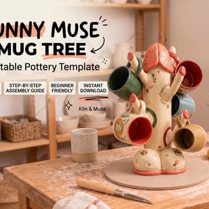 May include: A ceramic mug tree with a phallic-shaped central pillar and base, decorated with floral motifs and holding several colorful mugs. The text reads FUNNY MUSE MUG TREE, Printable Pottery Template, A4 + A3 INCLUDED, STEP-BY-STEP ASSEMBLY GUIDE, BEGINNER FRIENDLY, INSTANT DOWNLOAD, and Kiln & Muse.