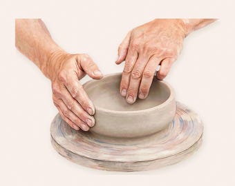 May include: A light grey, unfinished clay bowl centred on a circular pottery wheel. The bowl has a smooth, rounded rim and a thick, solid base. The pottery wheel surface features faint, swirling streaks of blue, pink, and brown paint.