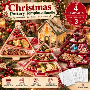 May include: A Christmas pottery template bundle featuring digital download instructions, A4 and A3 sizes, and four templates for the price of three. The image displays three tree-shaped serving dishes filled with snacks and a ceramic house.