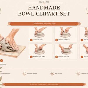 Pottery Bowl Making Clipart, Wheel Throwing Steps PNG Set, Printable Ceramic Poster