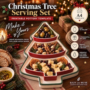 Può includere: Un set da portata in ceramica a forma di albero di Natale con tre sezioni a gradini. I piatti bianchi presentano bordi verde scuro e pareti interne rosse, riempiti con olive, noci e cubetti di formaggio. Testo: Christmas Tree Serving Set.