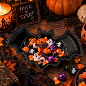 Może przedstawiać: Czarny półmisek w kształcie nietoperza wypełniony różnorodnymi słodyczami na Halloween, w tym żelkowymi dyniami, białymi smakołykami w kształcie duchów, cukierkami kukurydzianymi oraz okrągłymi słodyczami z wzorem gałek ocznych.