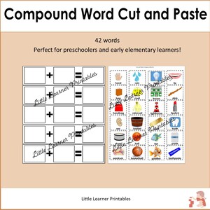 May include: A printable educational worksheet titled Compound Word Cut and Paste featuring 42 words. The layout includes empty boxes with plus and equals signs for word assembly, alongside a grid of images and labels like hand, rain, and fish.