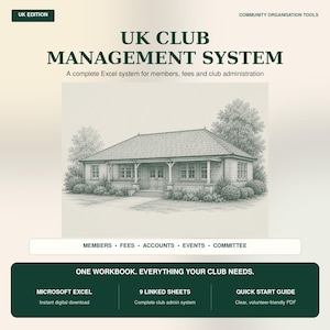 May include: A digital UK Club Management System for Microsoft Excel featuring a sketch of a clubhouse. Text includes: UK CLUB MANAGEMENT SYSTEM, A complete Excel system for members, fees and club administration, MEMBERS, FEES, ACCOUNTS, EVENTS, COMMITTEE.