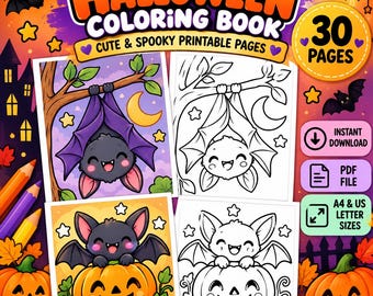Può includere: Una copertina di un libro da colorare di Halloween con il testo Halloween Coloring Book Cute & Spooky Printable Pages e 30 Pages. Il design mostra quattro illustrazioni quadrate di pipistrelli e zucche in colore e in bianco e nero.