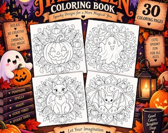 Può includere: Un libro da colorare di Halloween con 30 pagine di disegni spettrali. La copertina mostra quattro illustrazioni quadrate di una zucca, un fantasma, un gatto e un pipistrello, circondate da foglie autunnali, una lanterna, libri e una tazza.