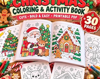 Può includere: Un libro da colorare e di attività natalizie di 30 pagine, con una doppia pagina aperta che mostra un'illustrazione colorata di Babbo Natale con una renna e una casa di pan di zenzero. Il testo in copertina recita CHRISTMAS COLORING & ACTIVITY BOOK.