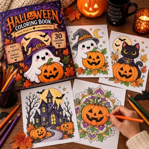 Pu&ograve; includere: Un libro da colorare di Halloween di 30 pagine con un fantasma con un cappello viola che tiene una zucca sulla copertina. Quattro pagine stampate mostrano un fantasma, un gatto nero, una casa stregata e un mandala di zucca, con matite.