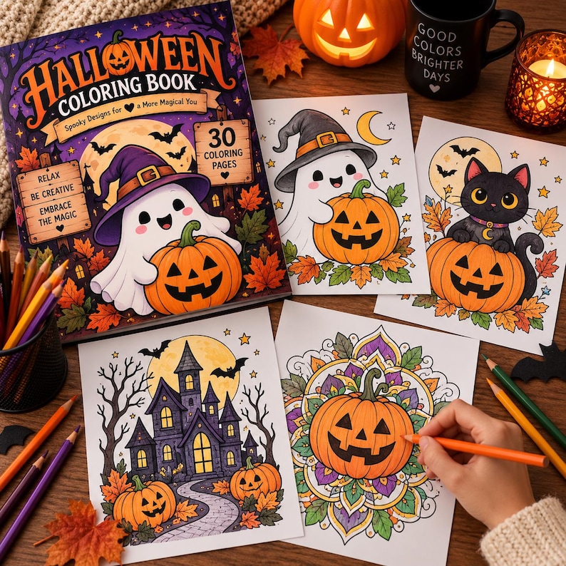 Pu&ograve; includere: Un libro da colorare di Halloween di 30 pagine con un fantasma con un cappello viola che tiene una zucca sulla copertina. Quattro pagine stampate mostrano un fantasma, un gatto nero, una casa stregata e un mandala di zucca, con matite.