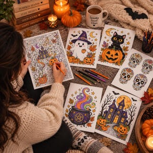 Pu&ograve; includere: Una collezione di pagine da colorare a tema Halloween con un fantasma col cappello viola, un gatto nero su una zucca, teschi, un calderone con fumo colorato e una casa stregata, accompagnate da matite colorate e una tazza Spooky Good Vibes.