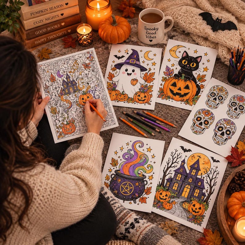 Pu&ograve; includere: Una collezione di pagine da colorare a tema Halloween con un fantasma col cappello viola, un gatto nero su una zucca, teschi, un calderone con fumo colorato e una casa stregata, accompagnate da matite colorate e una tazza Spooky Good Vibes.