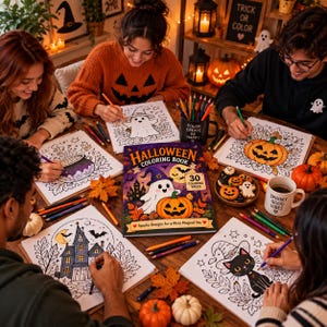 Pu&ograve; includere: Un libro da colorare di Halloween con una copertina che raffigura un fantasma, una zucca e una casa stregata, circondato da persone che colorano varie pagine a tema Halloween con matite colorate. La copertina riporta il testo Halloween Coloring Book.