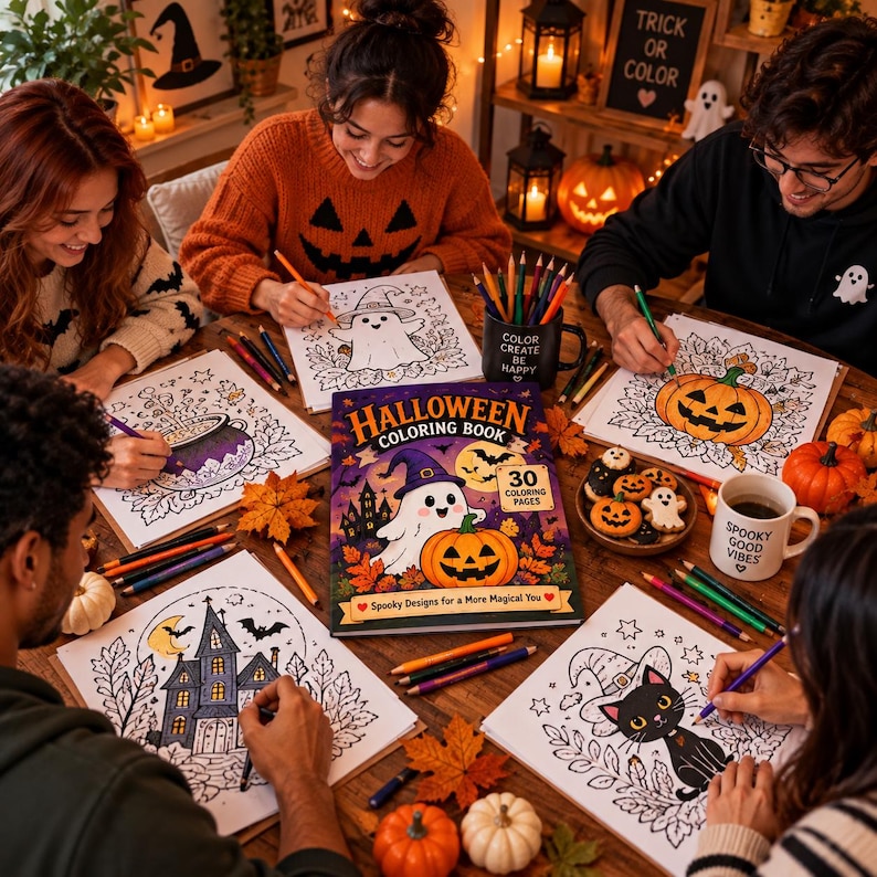Pu&ograve; includere: Un libro da colorare di Halloween con una copertina che raffigura un fantasma, una zucca e una casa stregata, circondato da persone che colorano varie pagine a tema Halloween con matite colorate. La copertina riporta il testo Halloween Coloring Book.