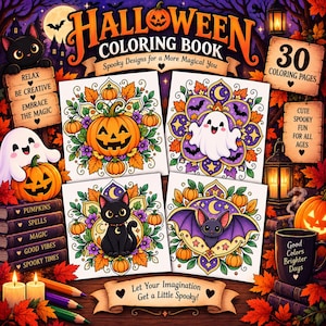 May include: A Halloween coloring book featuring 30 pages with illustrations of pumpkins, ghosts, black cats, and bats. The cover displays colorful designs, text including 'Halloween Coloring Book', and decorative elements like lanterns and autumn leaves.