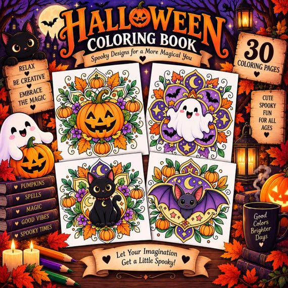 Halloween Mandala Coloring Book, 30 Spooky Printable Pages (Digital Download)
