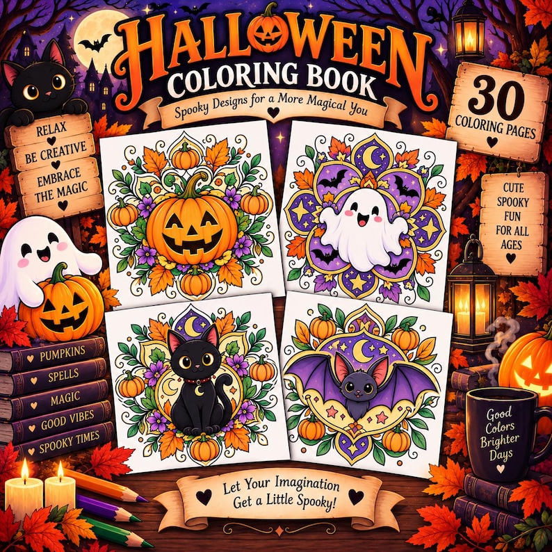 Pu&ograve; includere: Un libro da colorare di Halloween con 30 pagine che include illustrazioni di zucche, fantasmi, gatti neri e pipistrelli. La copertina mostra disegni colorati, testo ed elementi decorativi come lanterne e foglie autunnali.
