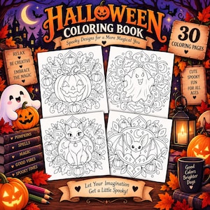 Pu&ograve; includere: Un libro da colorare di Halloween con 30 pagine di disegni spettrali. La copertina mostra quattro illustrazioni quadrate di una zucca, un fantasma, un gatto e un pipistrello, circondate da foglie autunnali, una lanterna, libri e una tazza.