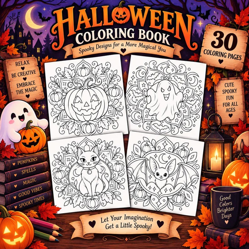 Pu&ograve; includere: Un libro da colorare di Halloween con 30 pagine di disegni spettrali. La copertina mostra quattro illustrazioni quadrate di una zucca, un fantasma, un gatto e un pipistrello, circondate da foglie autunnali, una lanterna, libri e una tazza.