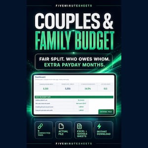 May include: A digital budget spreadsheet titled COUPLES & FAMILY BUDGET by FIVEMINUTESHEETS. It features a dashboard displaying household income, shared costs, and split percentages. Includes icons for 9 connected tabs, actual file, Excel and Google Sheets compatibility, and instant download.