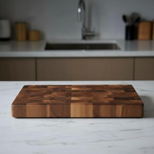 May include: A rectangular end-grain cutting board crafted from dark brown walnut wood. The surface features a visible mosaic pattern of small, interlocking wood blocks with varying grain directions and natural color tones in a smooth finish.