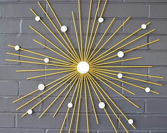 26" Steel Starburst Sunburst Golden Yellow Matte Starburst Dimensional Danish Modern Metal Wall Art Mirror Sculpture Interior House Staging