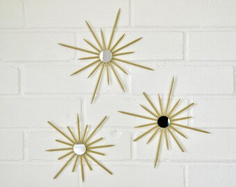 Tiny Trio Brass Starburst Sunburst Wall Art Artwork Sculpture Retro Steel Metal Home Decor Design Staging Commercial Modern Retro MCM Eames